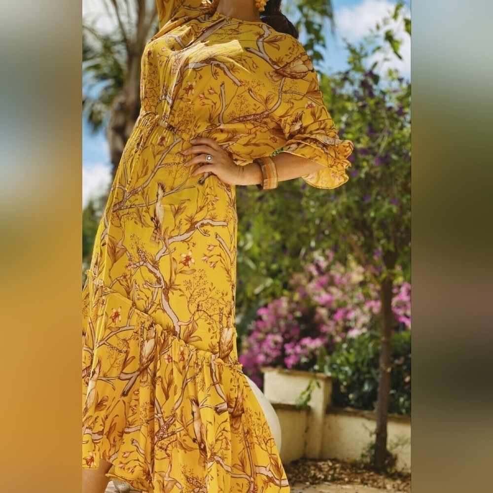 H&M Johanna Ortiz Women's Yellow Floral Boho Frill Summer Midi Crepe Dress Sz XS - Picture 6 of 16